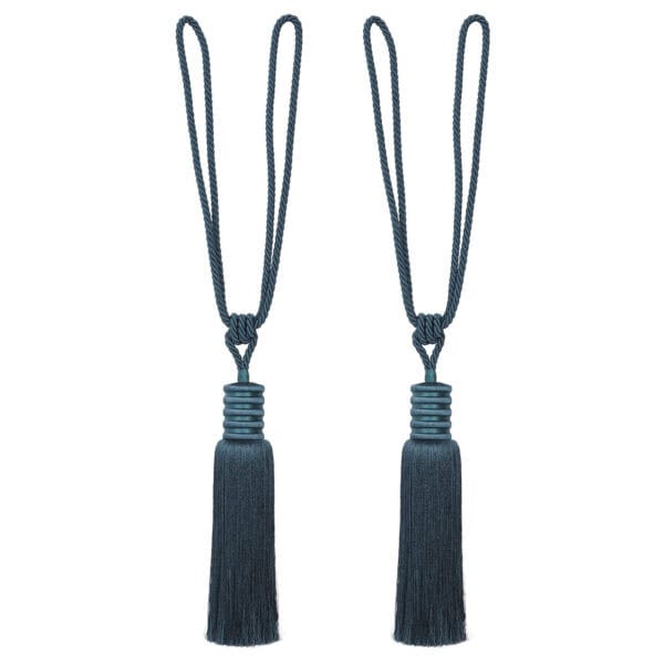 Decorative deep teal curtain tiebacks with long tassel and looped cord, ideal for heavy drapes, 33-inch total length