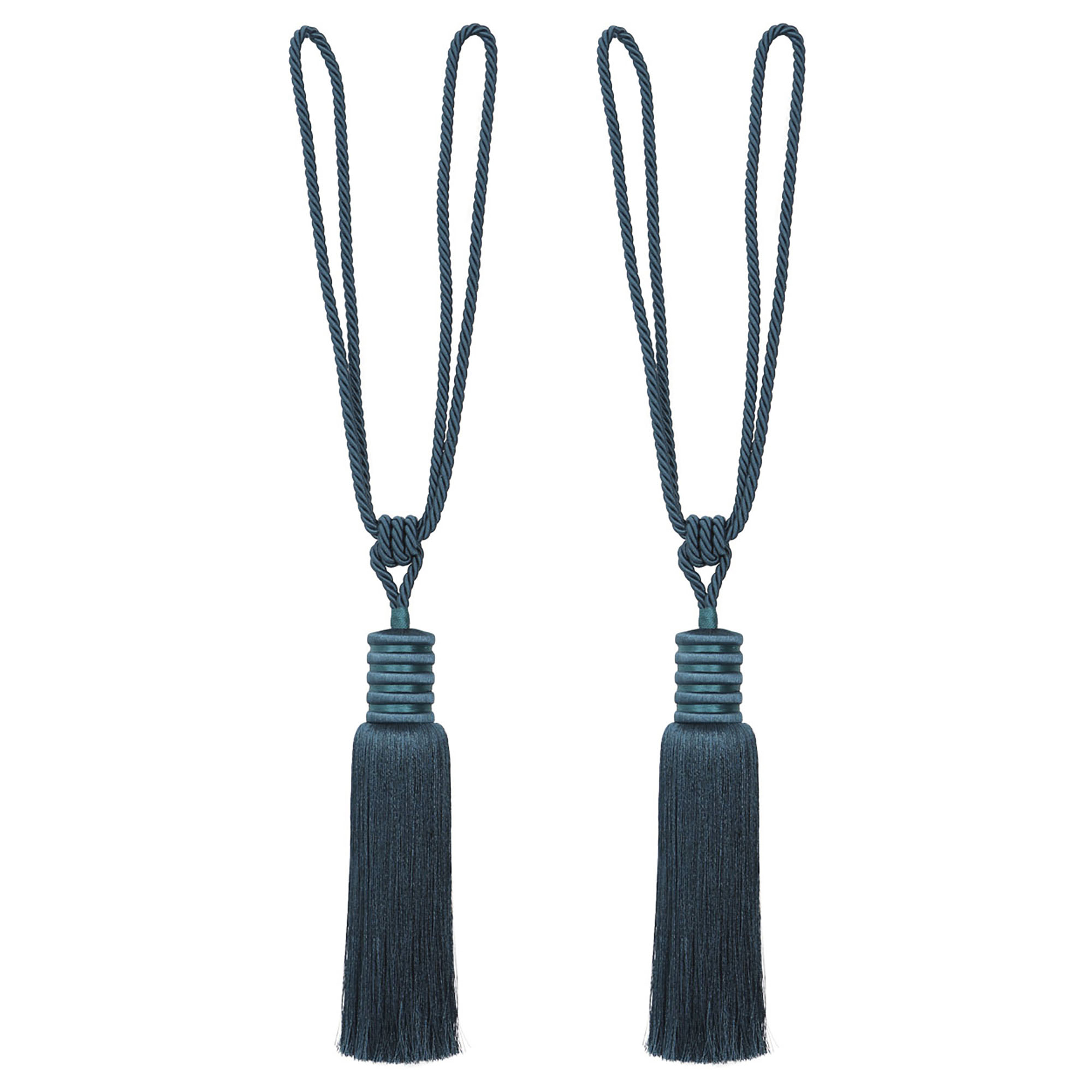 Decorative deep teal curtain tiebacks with long tassel and looped cord, ideal for heavy drapes, 33-inch total length