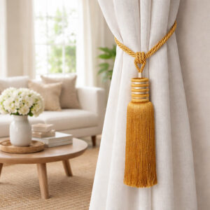 Golden amber curtain tieback with twisted rope loop and tassel holding a white sheer curtain