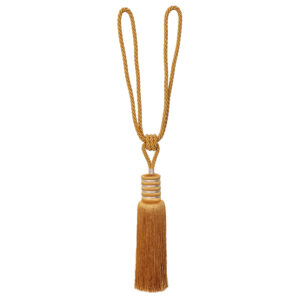 Decorative golden amber curtain tieback with long tassel and looped cord, ideal for heavy drapes, 33-inch total length