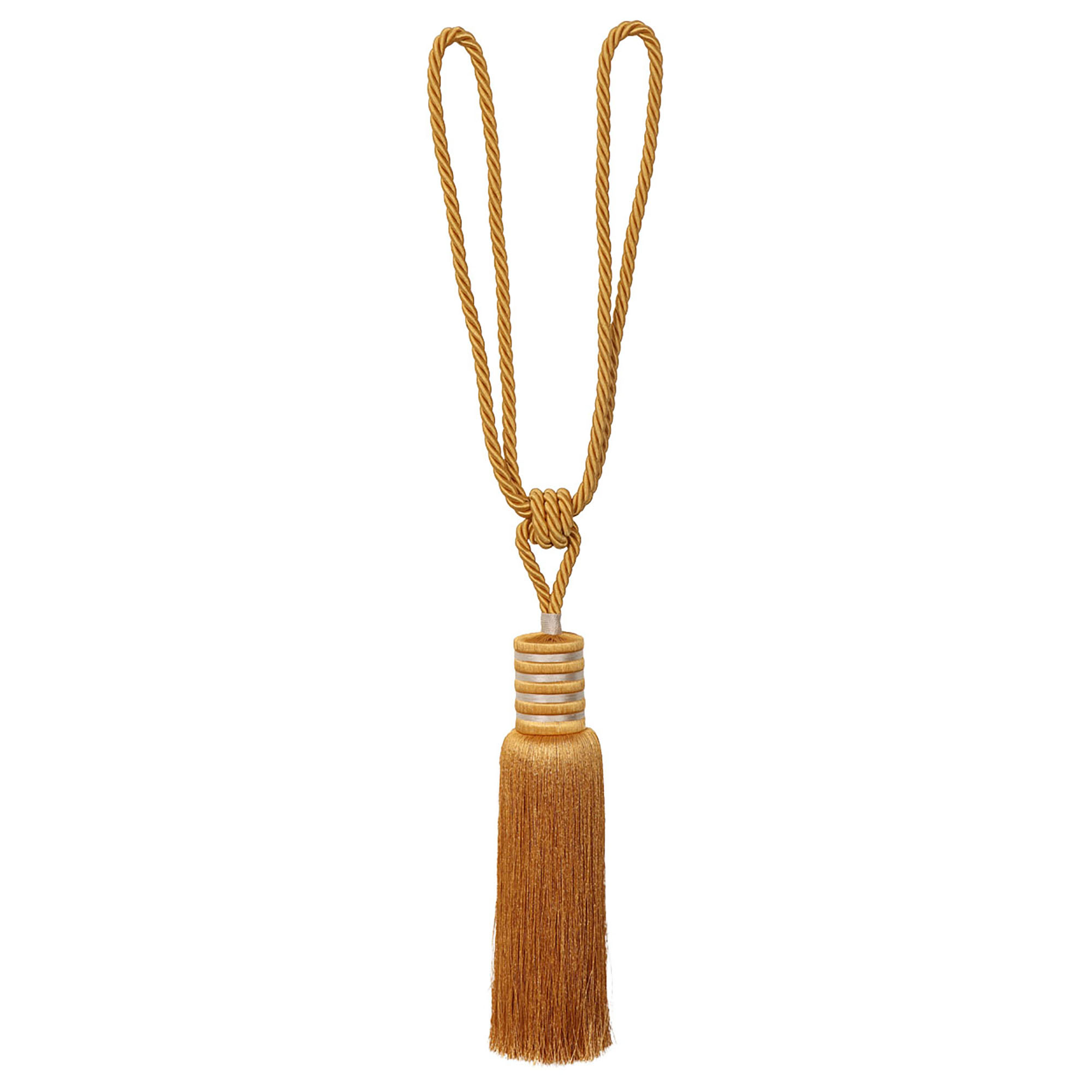 Decorative golden amber curtain tieback with long tassel and looped cord, ideal for heavy drapes, 33-inch total length
