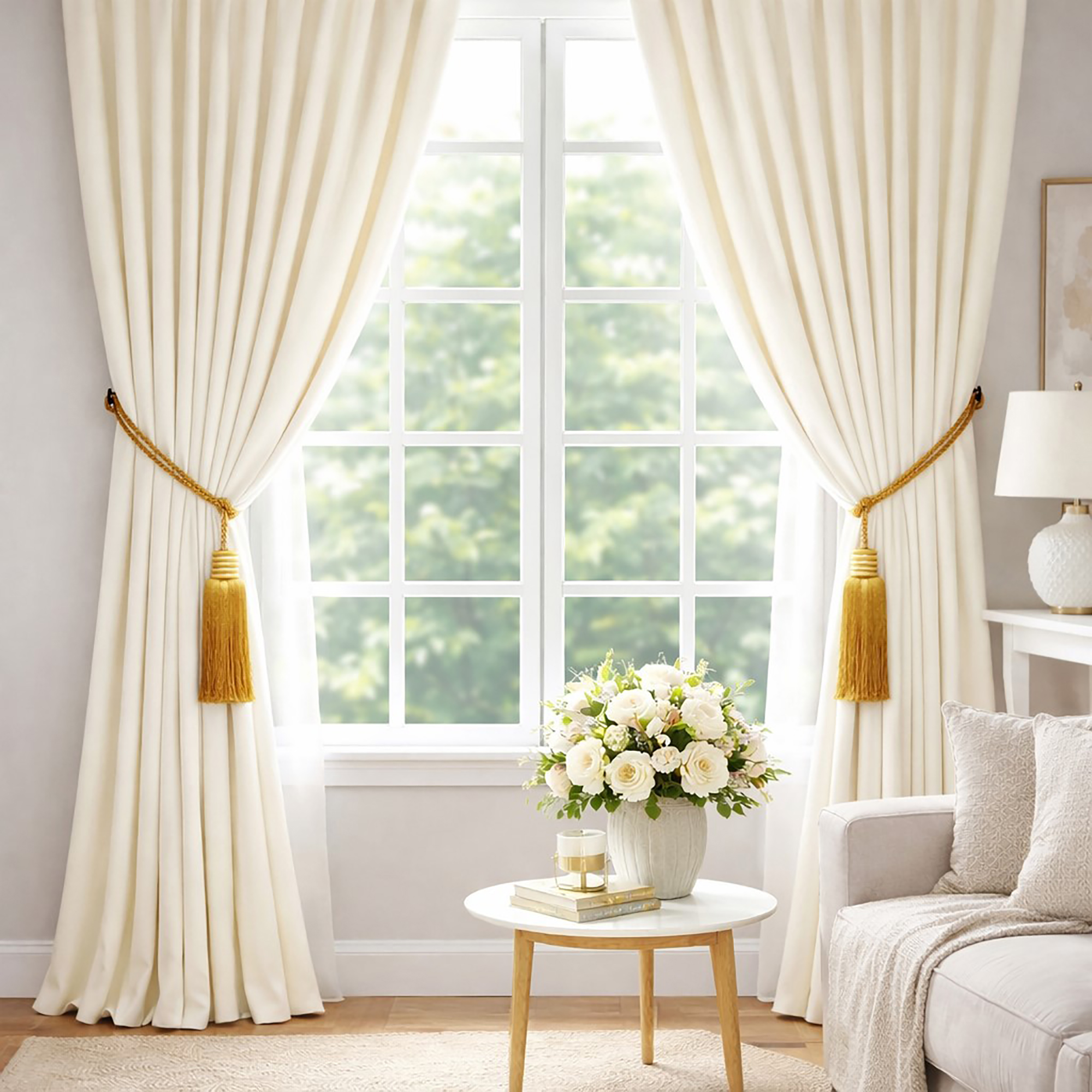 "Set of two golden amber tassel tiebacks holding cream curtains on either side of a bright living room window"