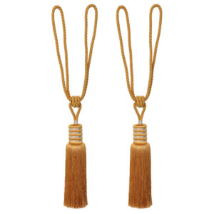 Decorative golden amber curtain tiebacks with long tassel and looped cord, ideal for heavy drapes, 33-inch total length