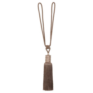 Mocha brown curtain tieback with long silky tassel and braided loop, full length 33 inches for drapery accent