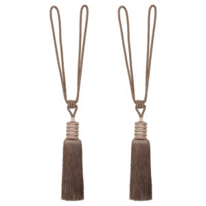 Mocha brown curtain tiebacks with long silky tassel and braided loop, full length 33 inches for drapery accent