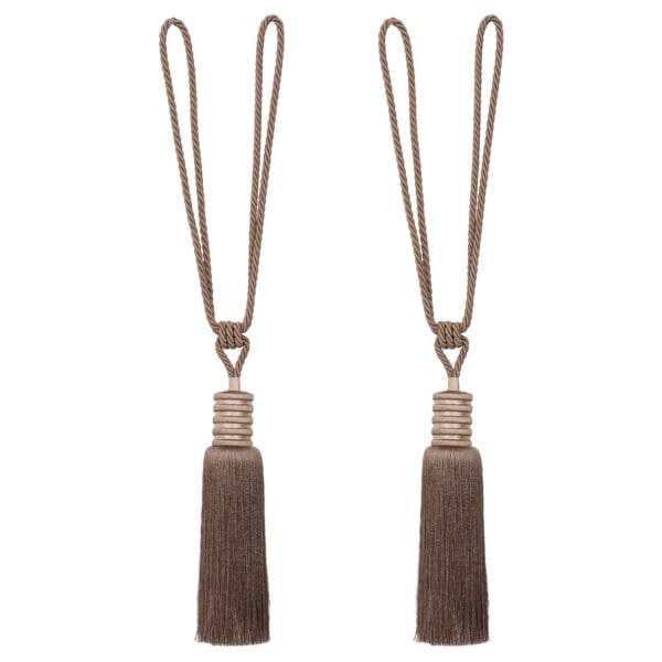 Mocha brown curtain tiebacks with long silky tassel and braided loop, full length 33 inches for drapery accent
