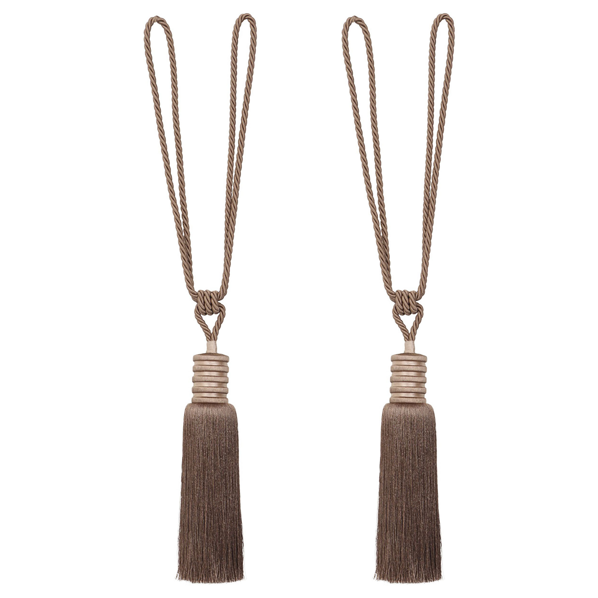 Mocha brown curtain tiebacks with long silky tassel and braided loop, full length 33 inches for drapery accent