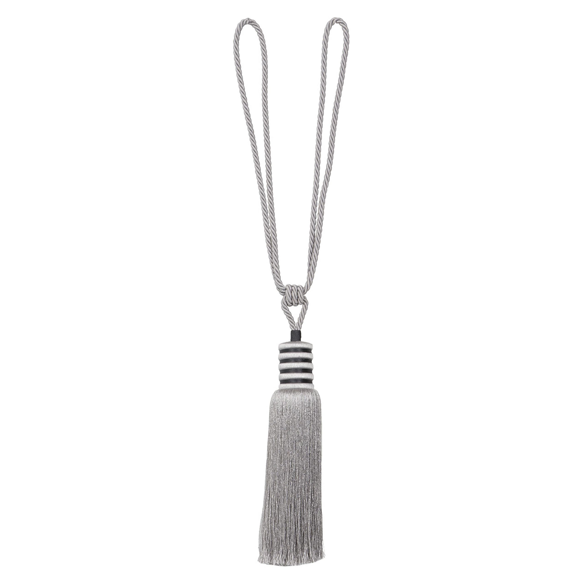 Silver mist curtain tieback with silky tassel and looped cord, elegant 33-inch length for drapes or panels