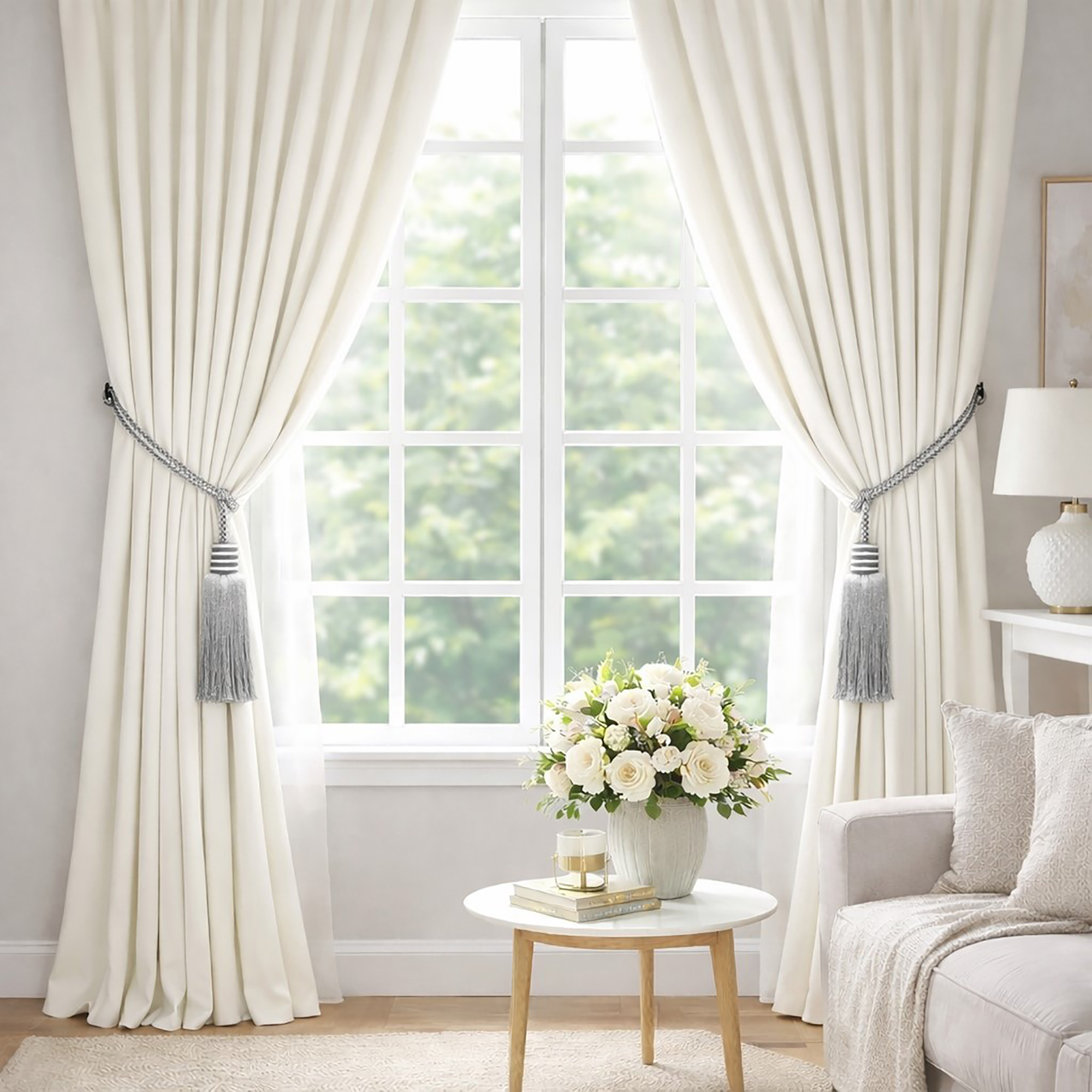 Set of two silver mist tassel tiebacks holding cream curtains on either side of a bright living room window