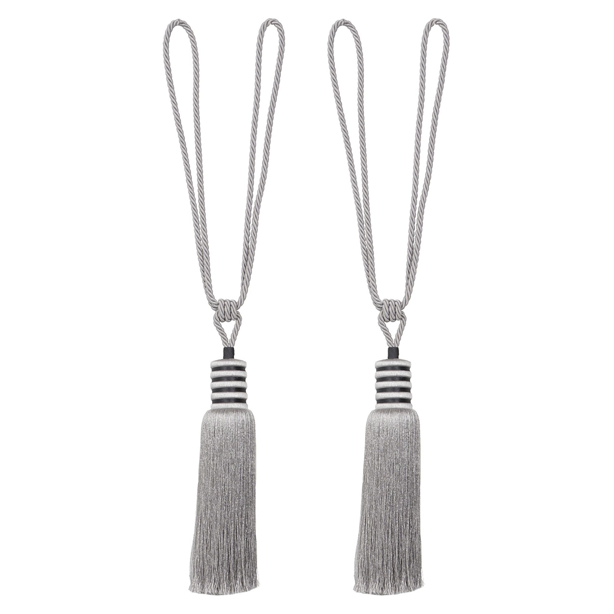 Silver mist curtain tiebacks with silky tassel and looped cord, elegant 33-inch length for drapes or panels