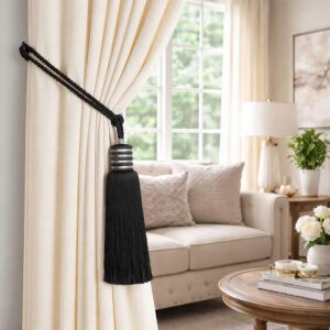Midnight black tassel curtain tieback securing a cream drape beside a bright window with neutral living room in background