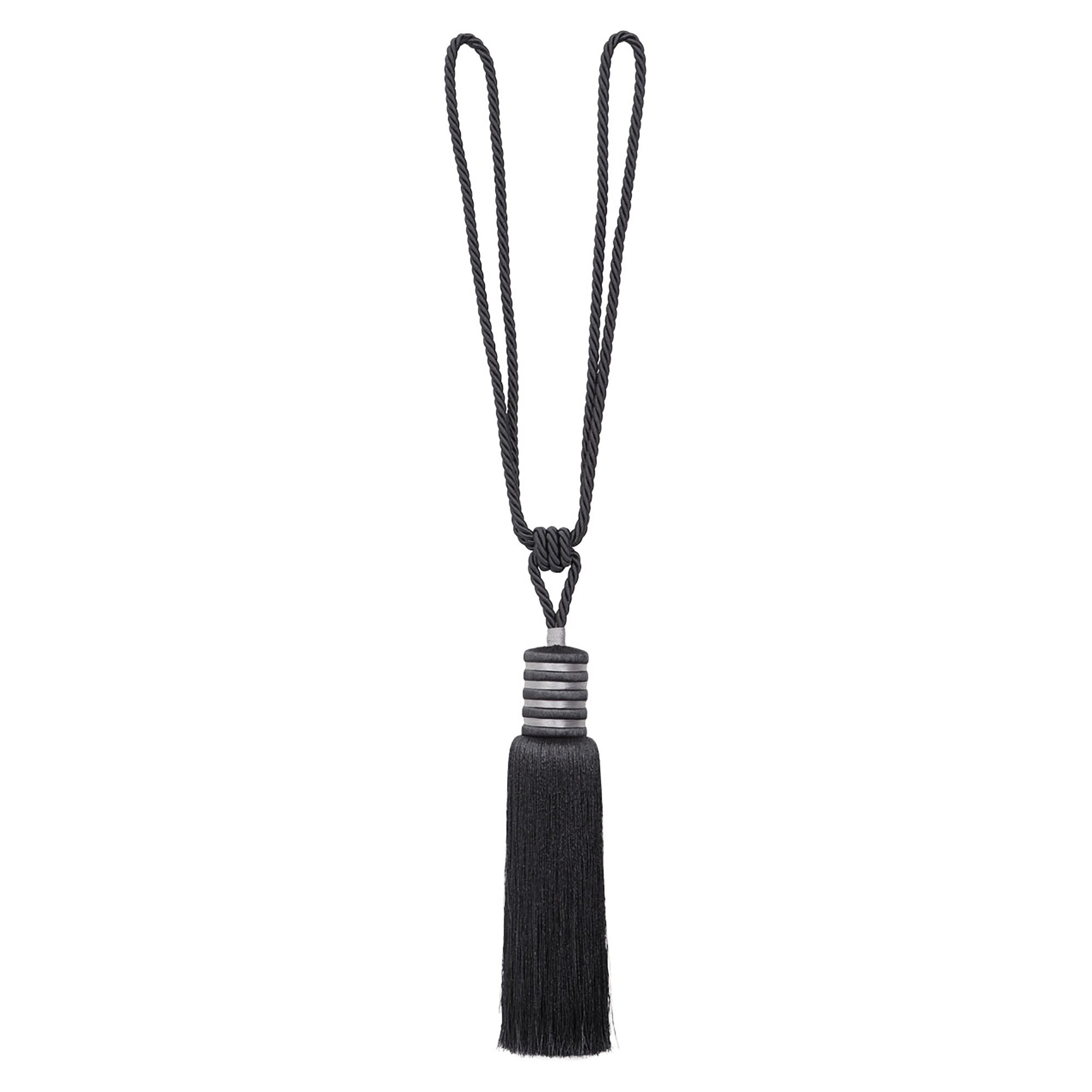 Midnight black curtain tieback with silky tassel and double loop cord, 33-inch full length for heavy drapes