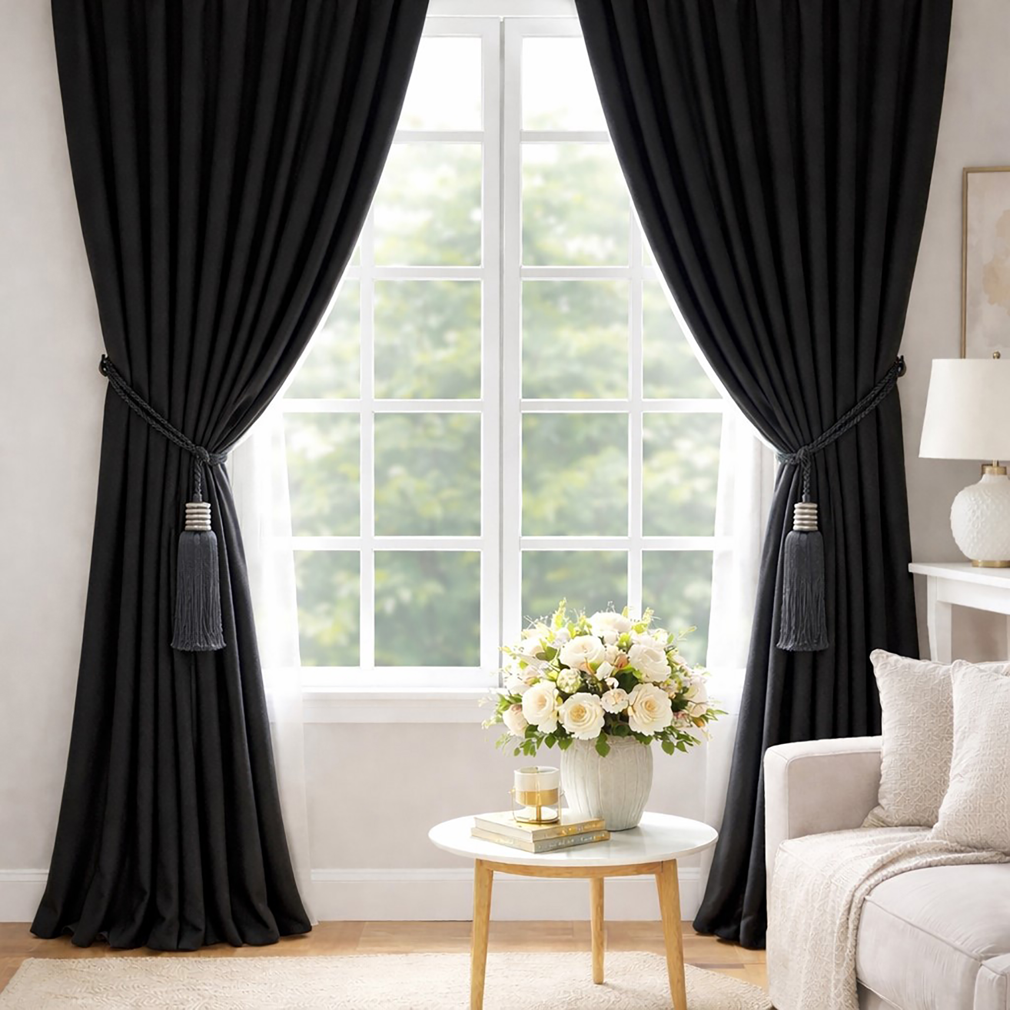 Set of two midnight black tassel tiebacks holding black curtains on either side of a bright living room window