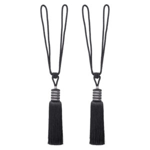 Midnight black curtain tiebacks with silky tassel and double loop cord, 33-inch full length for heavy drapes