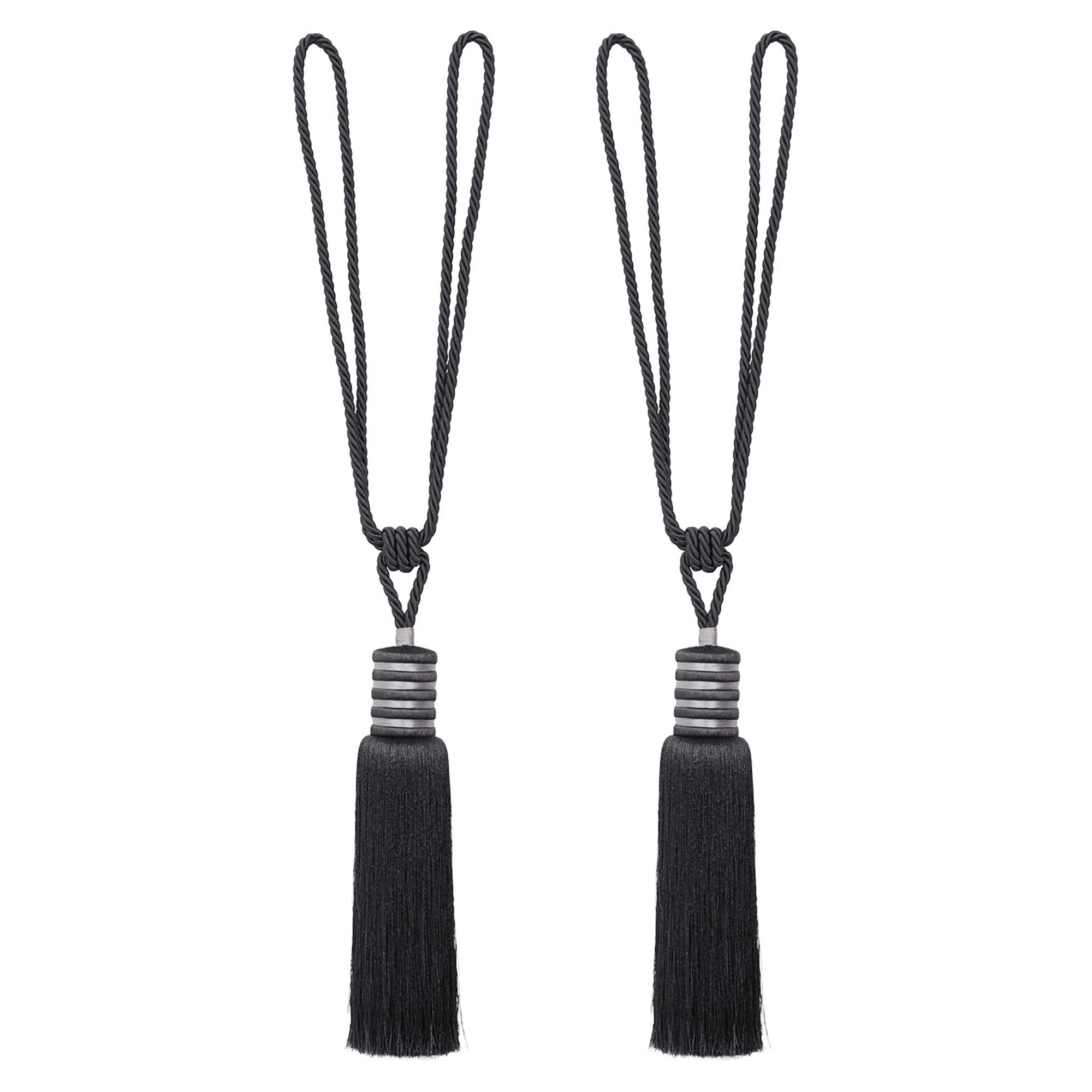 Midnight black curtain tiebacks with silky tassel and double loop cord, 33-inch full length for heavy drapes