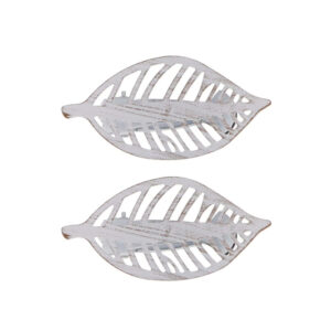 Two whitewash leaf-shaped curtain tiebacks with openwork design, shown on a plain white background