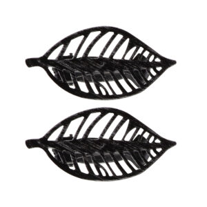 Two textured black leaf-shaped curtain tiebacks with openwork design, shown on a plain white background