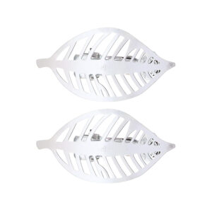 Two polished silver leaf-shaped curtain tiebacks with openwork design, shown on a plain white background