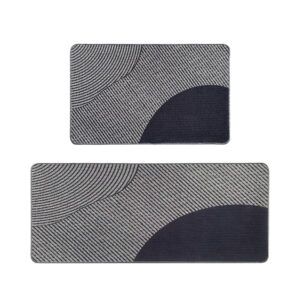 Top view of 2-piece kitchen mat set with geometric gray pattern in 20x32 and 20x48 inch sizes