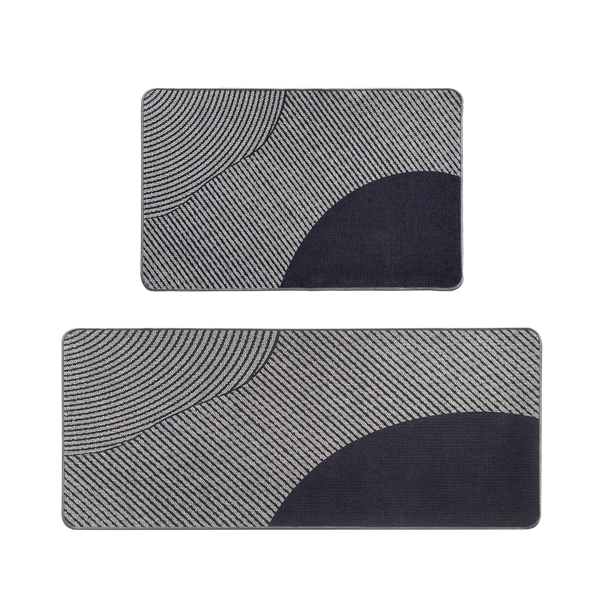 Top view of 2-piece kitchen mat set with geometric gray pattern in 20x32 and 20x48 inch sizes
