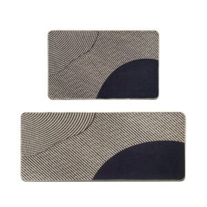 Top view of 2-piece kitchen mat set with geometric beige pattern in 20x32 and 20x48 inch sizes