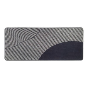 Top view of 20x48 inch kitchen runner mat in geometric gray and black curved stripe pattern
