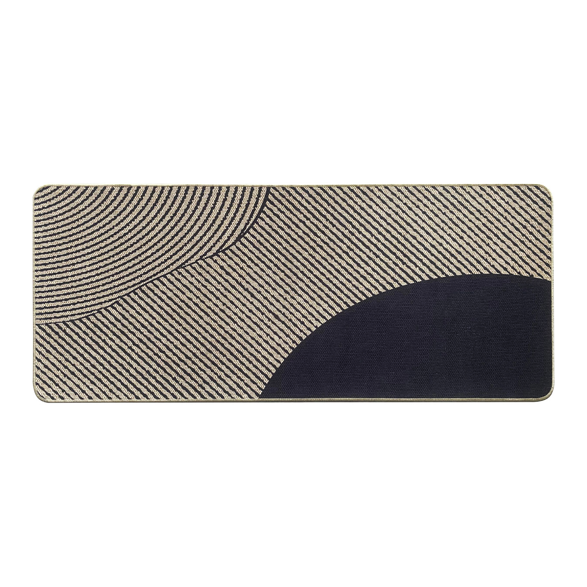 Top view of 20x48 inch kitchen runner mat in geometric beige and black curved stripe pattern