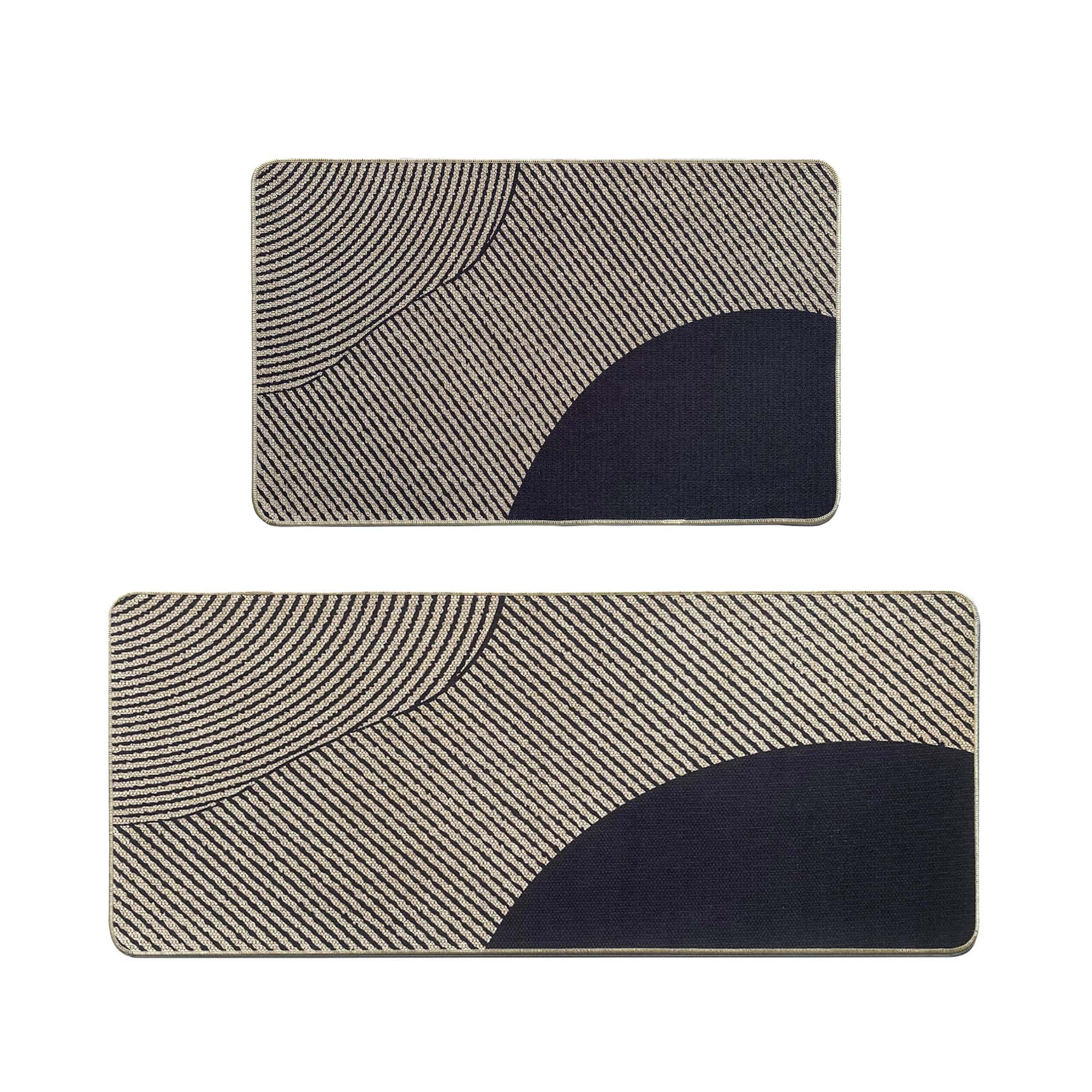 Geometric kitchen mat and runner set in beige with curved arc design, top view on white background, two coordinated pieces for full coverage.