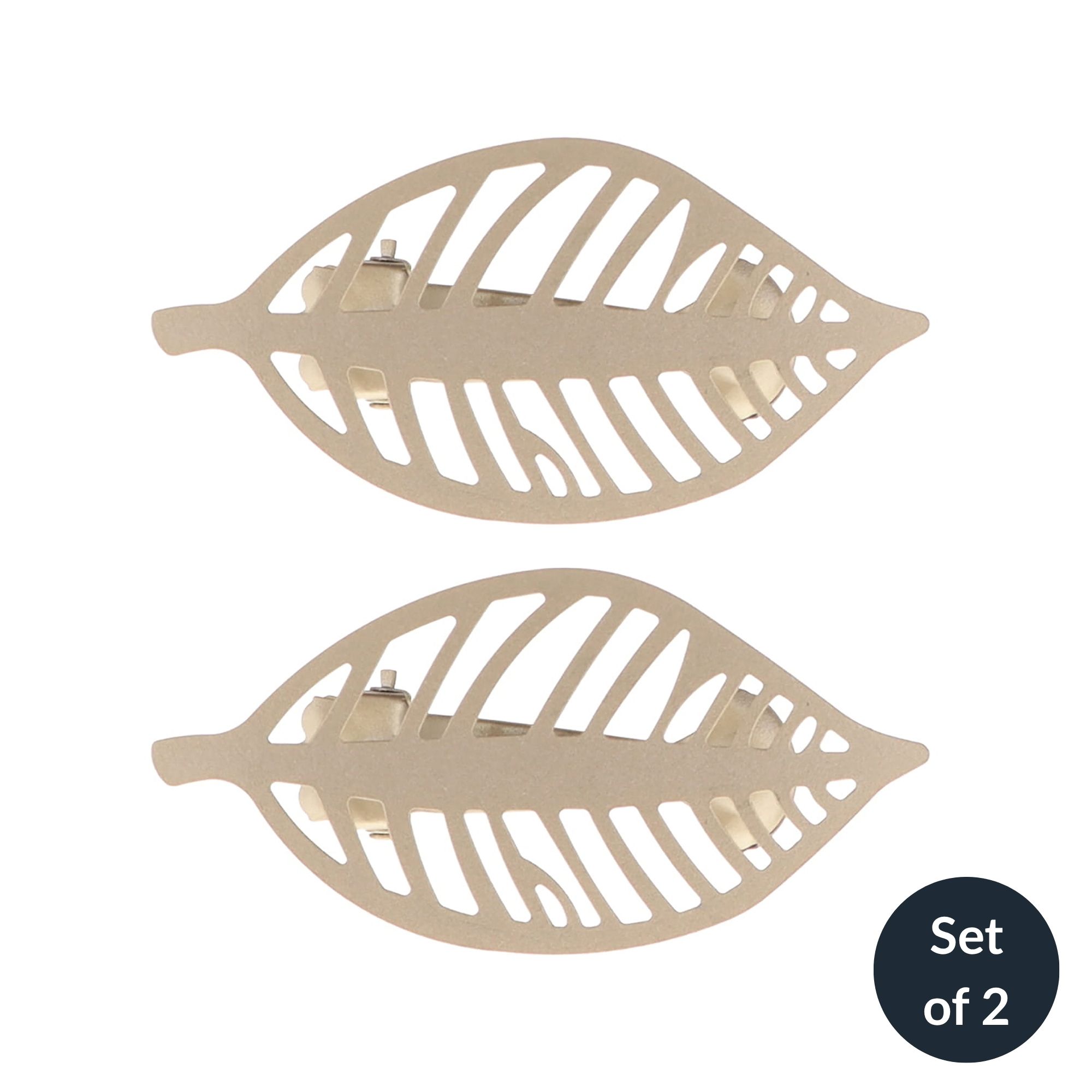 Set of 2 champagne gold leaf curtain tieback clips on white background