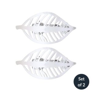 Set of 2 polished silver leaf curtain tieback clips on white background