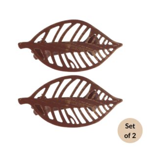 Set of 2 rustic brown leaf curtain tieback clips with woodgrain finish on white background