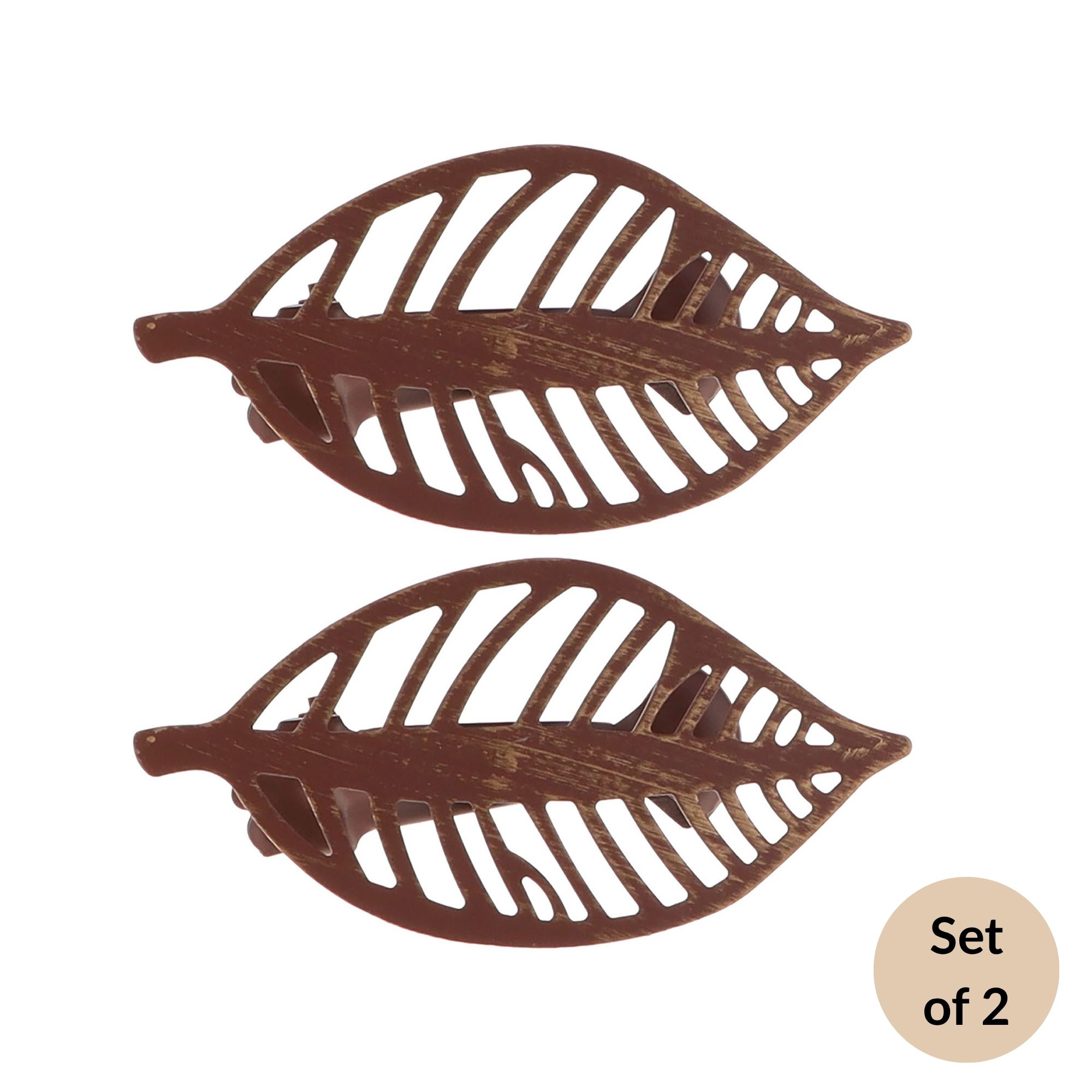 Set of 2 rustic brown leaf curtain tieback clips with woodgrain finish on white background
