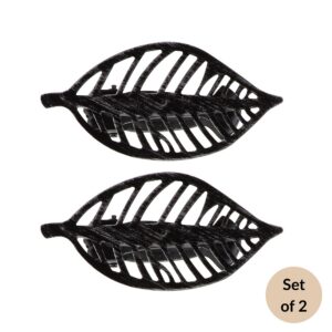 Set of 2 textured black leaf curtain tieback clips on white background