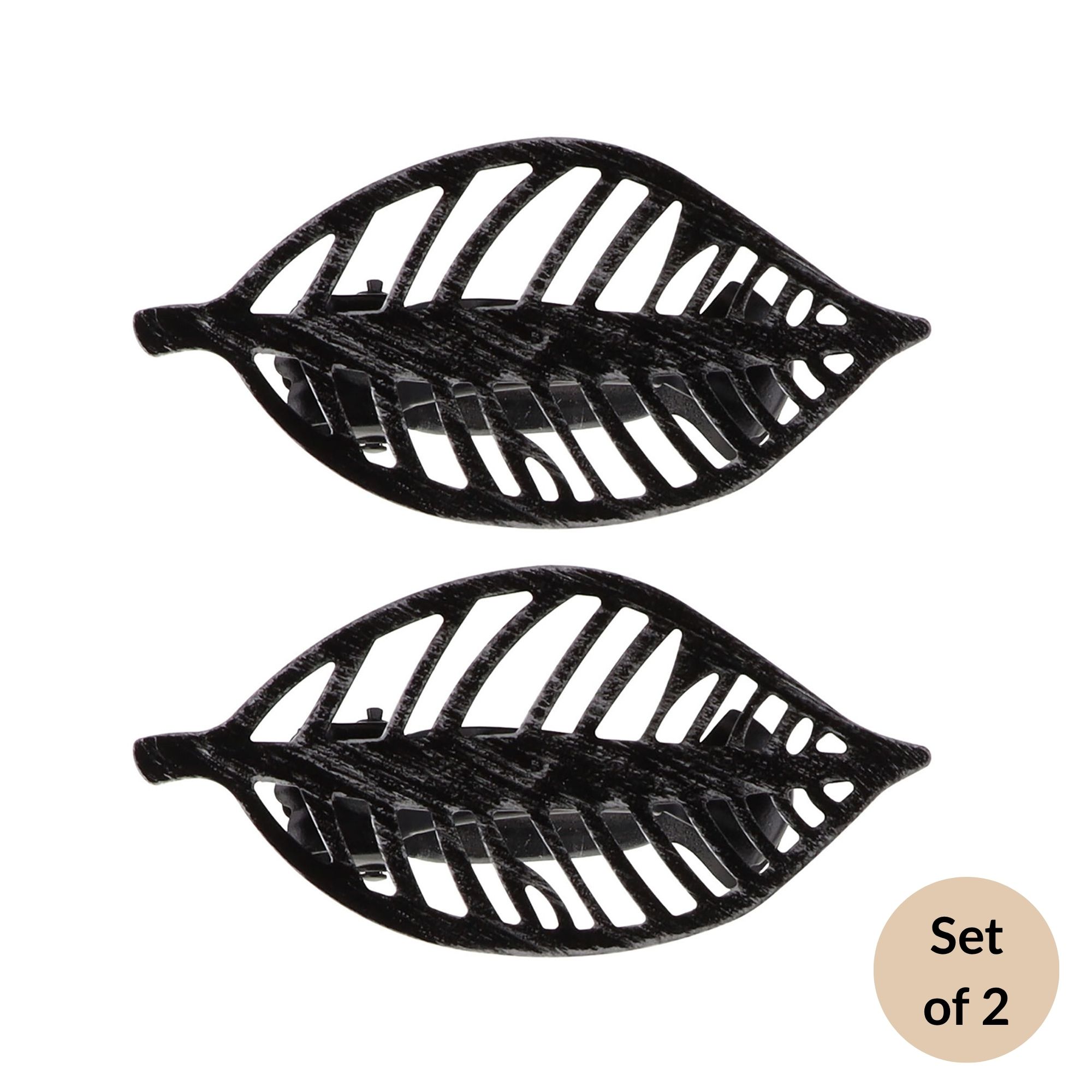 Set of 2 textured black leaf curtain tieback clips on white background