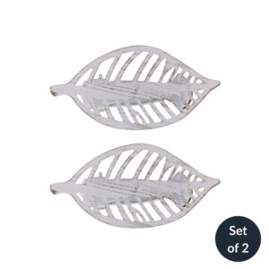 Set of 2 whitewash leaf curtain tieback clips with distressed finish on white background