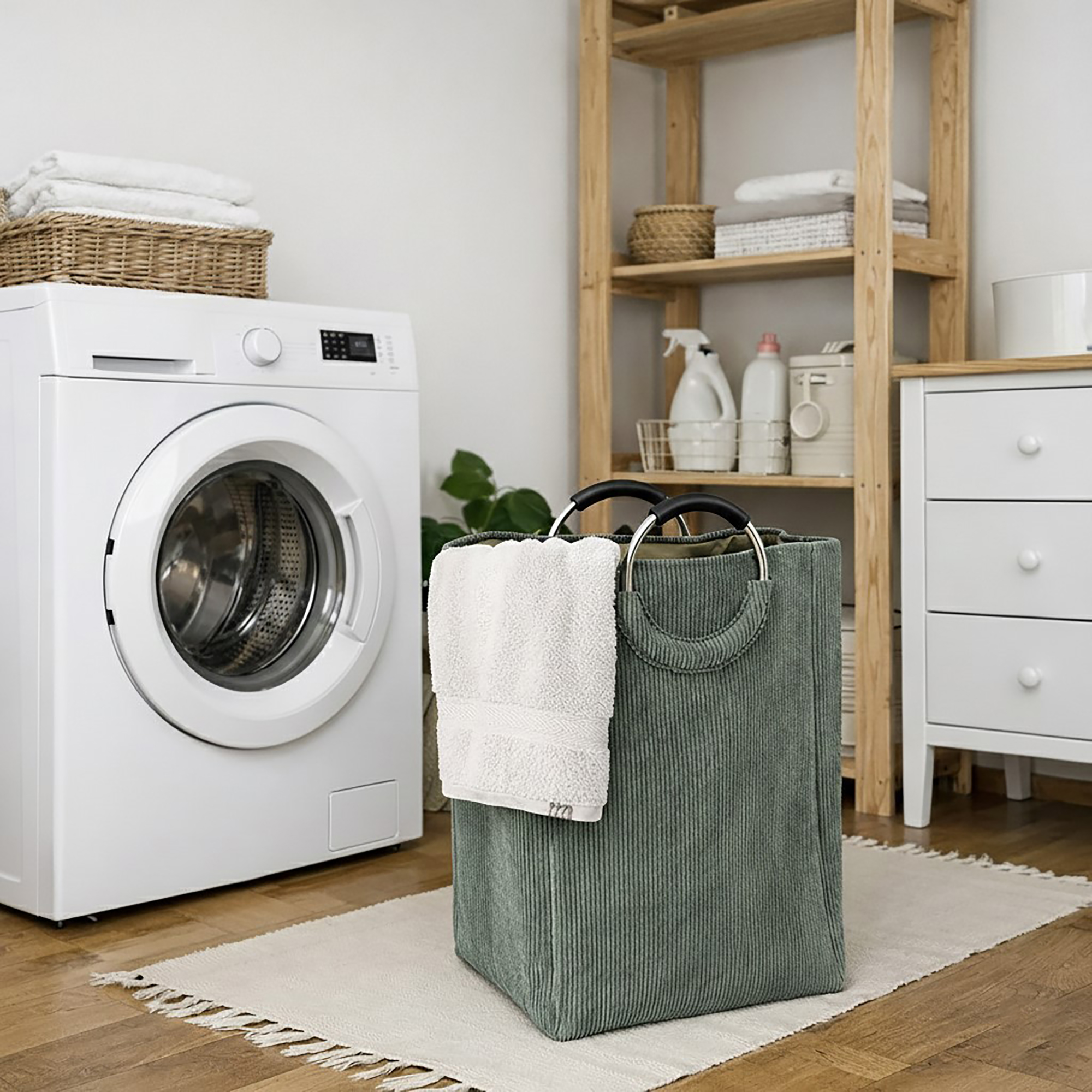 Sage green corduroy laundry basket with metal handles holding white towels, placed next to a front-load washing machine in an organized laundry room.
