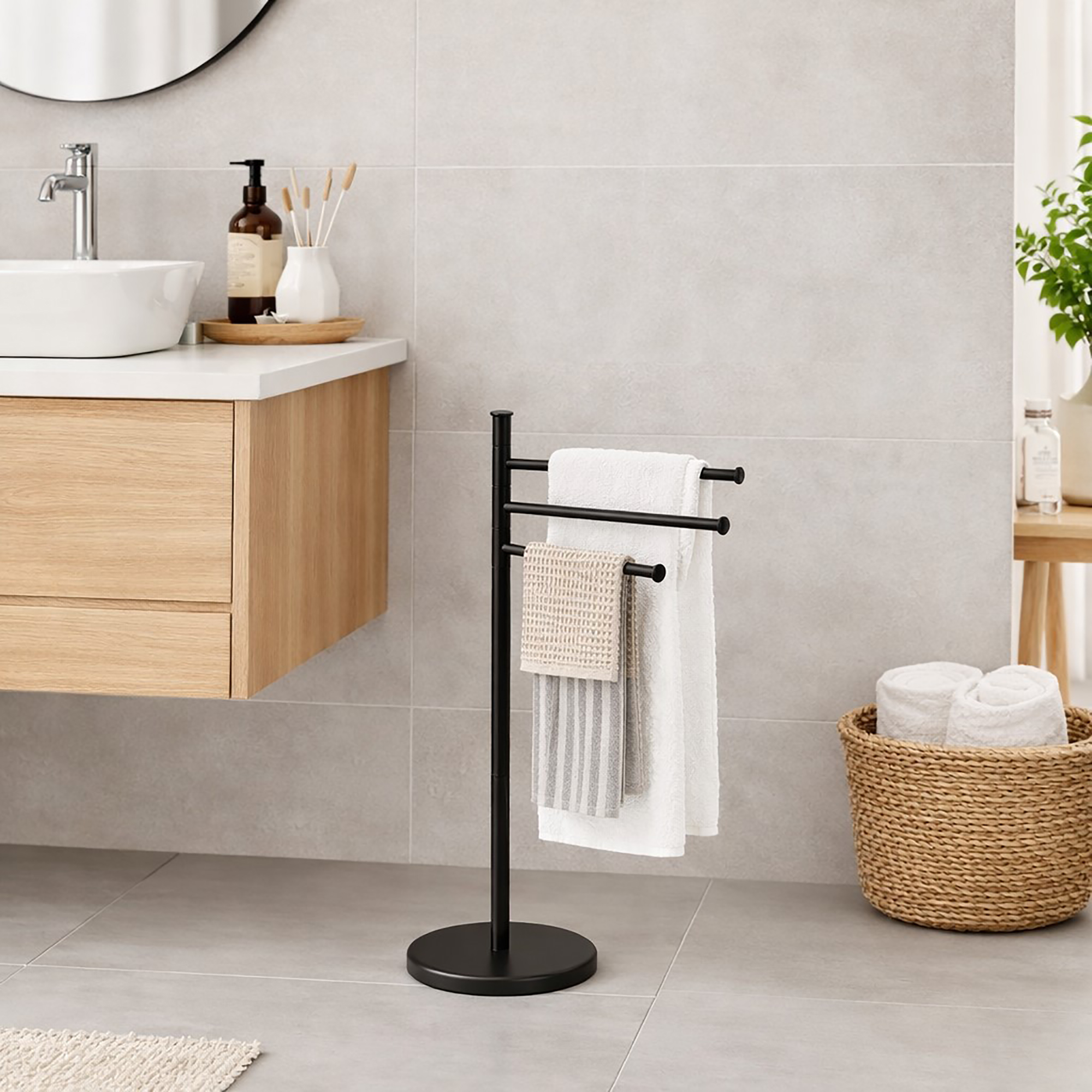 "Black freestanding 3-arm towel rack holding three towels in modern white bathroom"