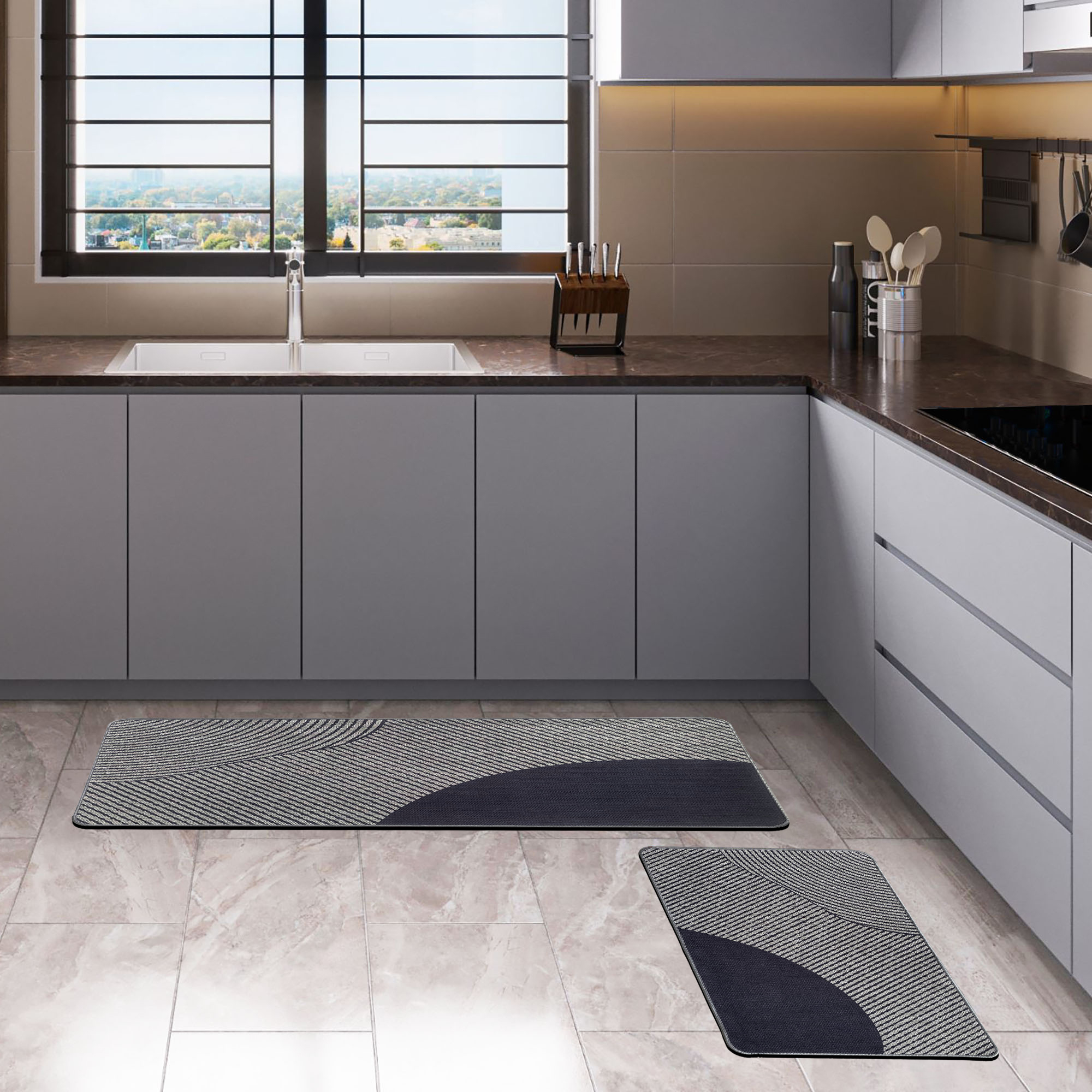 Kitchen mat and runner set placed in modern gray kitchen with marble tile flooring