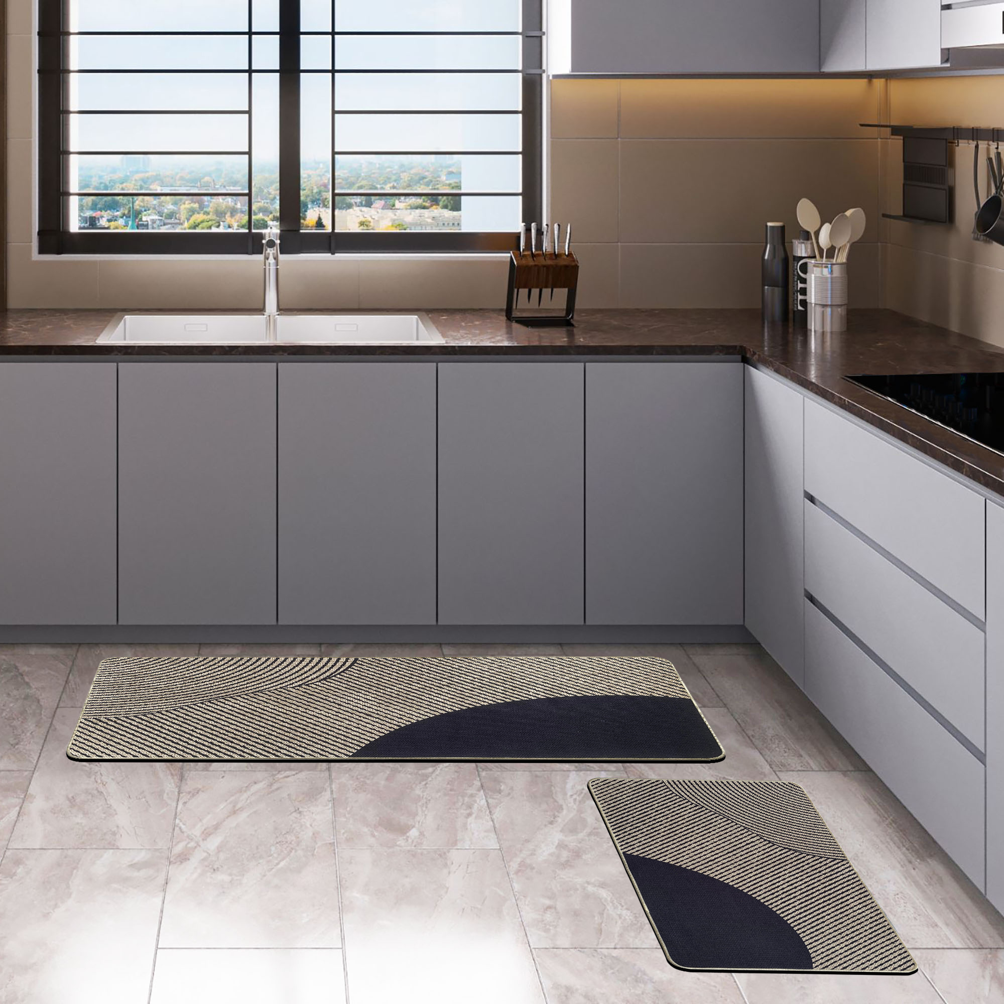 Kitchen mat and runner set placed in modern gray kitchen with marble tile flooring