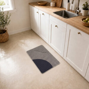 Beige geometric kitchen mat placed on tile floor beside a white sink cabinet, adding warm modern style to a bright kitchen space.