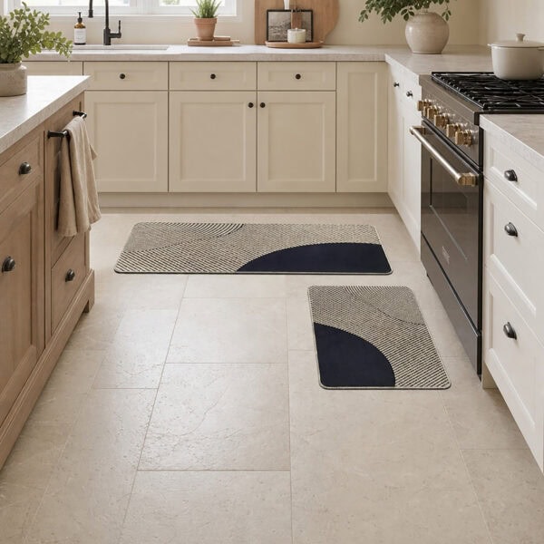 Beige kitchen mat and runner set arranged on tile flooring in a modern farmhouse kitchen, coordinating pieces that frame sink and stove.
