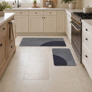 Gray kitchen mat and runner set arranged on tile flooring in a modern farmhouse kitchen, coordinating pieces that frame sink and stove.