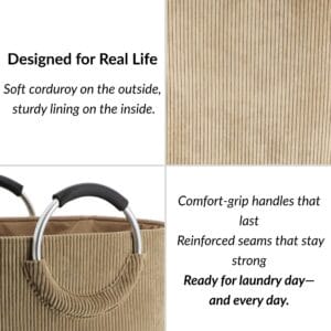 Close-up of corduroy fabric and reinforced handle stitching in beige