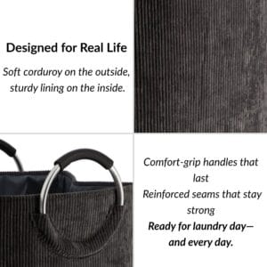 Close-up of corduroy fabric and reinforced handle stitching in charcoal