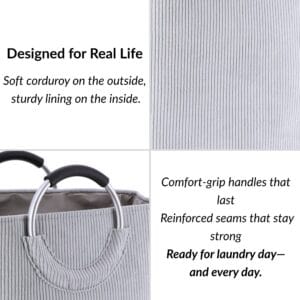 Close-up of corduroy fabric and reinforced handle stitching in soft gray
