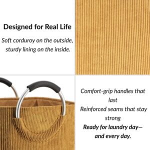 Close-up of corduroy fabric and reinforced handle stitching in mustard yellow