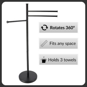 "Features infographic for black 3-arm towel rack: rotates 360°, fits any space, holds 3 towels"