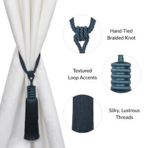 Detailed view of deep teal tieback showing hand-tied knot, textured loop accents, and silky tassel threads