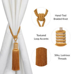 Detailed view of golden amber tieback showing hand-tied knot, textured loop accents, and silky tassel threads
