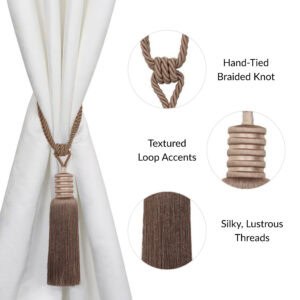 Detail view of mocha brown curtain tieback with hand-braided knot, loop texture, and shimmering tassel threads